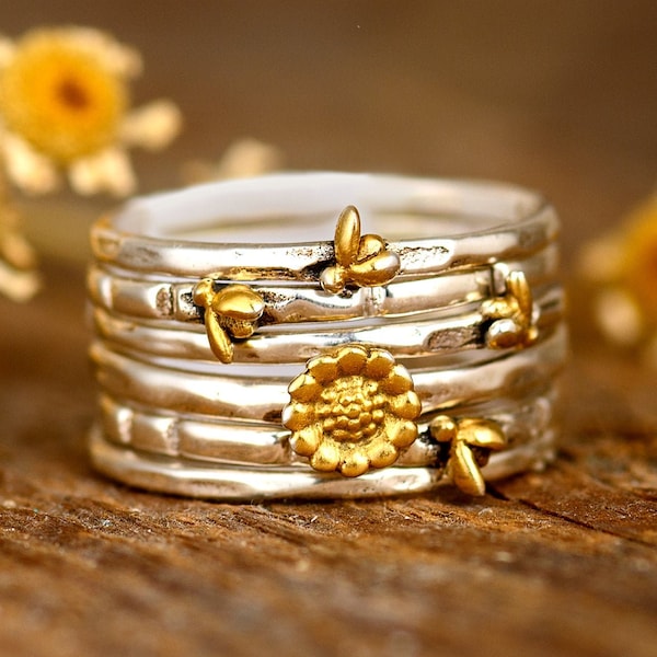 Bees and Sunflower Ring, Stacking Ring Set, Sterling Silver Rings for Women, Nature Ring, Stackable Rings, Boho Jewelry