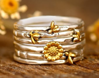 Bees and Sunflower Ring, Stacking Ring Set, Sterling Silver Rings for Women, Nature Ring, Stackable Rings, Boho Jewelry