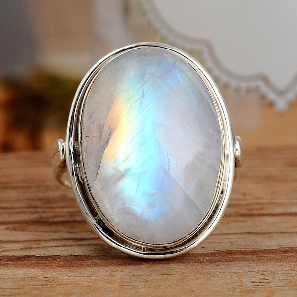 Rainbow Moonstone Ring, Sterling Silver Rings for Women, Boho Simple Ring with Big Stone, Birthstone Gemstone Ring Jewelry