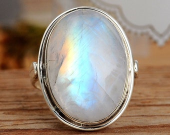 Regenbogen Mondstein Ring, Sterling Silber Ringe für Frauen, Boho Einfacher Ring mit großem Stein, Geburtsstein Edelstein Ring Schmuck