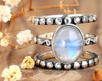 Rainbow Moonstone Ring, Boho Sterling Silver Ring for Women, Statement Ring, Big Stone Gemstone, Bohemian Jewelry
