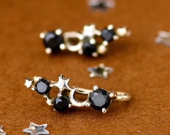 Black Onyx Celestial Climber Earrings | Sterling Silver Boho Jewelry for Women, Unique Celestial Moon and Star Earrings