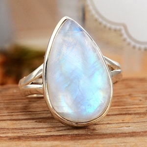 Rainbow Moonstone Ring, Sterling Silver Rings for Women, Boho Simple Ring with Stone, Birthstone Teardrop Gemstone Ring Jewelry