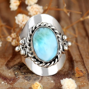 Larimar Ring, Sterling Silver Ring for Women, Boho Statement Ring, Large Stone Ring, Gemstone Ring, Bohemian Jewelry