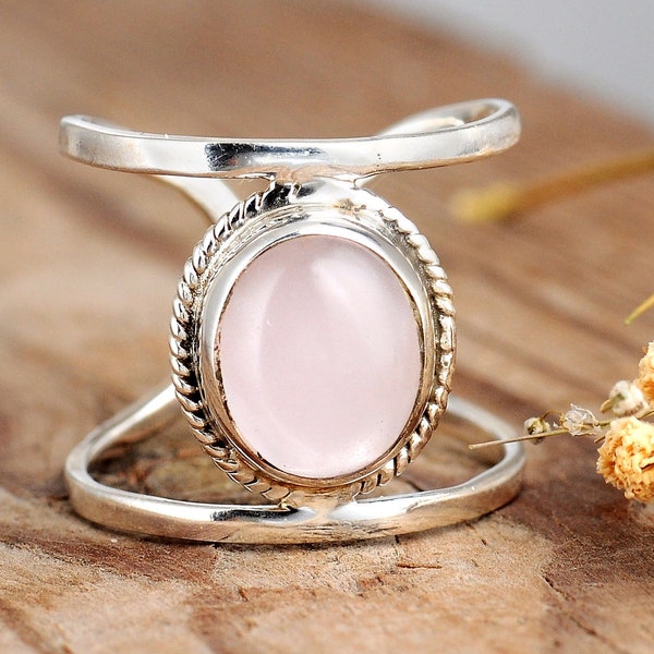 Big Stone Rose Quartz Ring, Sterling Silver Ring for Women, Adjustable Statement Ring, Boho Ring, Large Gemstone Birthstone Bohemian Jewelry