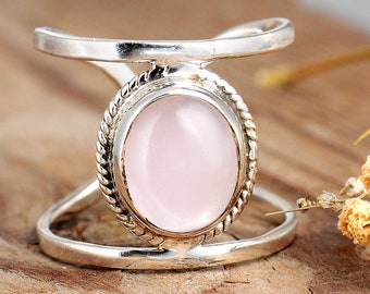 Big Stone Rose Quartz Ring, Sterling Silver Ring for Women, Adjustable Statement Ring, Boho Ring, Large Gemstone Birthstone Bohemian Jewelry