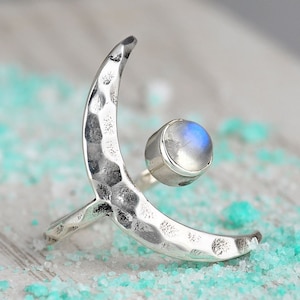 Crescent Moon Ring, Rainbow Moonstone Ring, Adjustable Boho Sterling Silver Ring for Women, Stone Gemstone, Statement Celestial Jewelry image 3