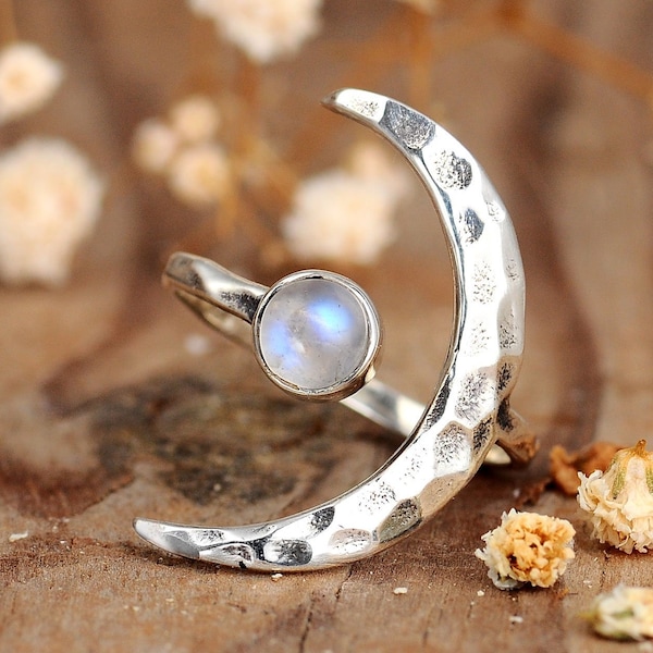 Anillo de luna creciente, anillo de piedra lunar arcoíris, anillo ajustable de plata esterlina estilo boho para mujer, piedra preciosa, joyería celestial llamativa