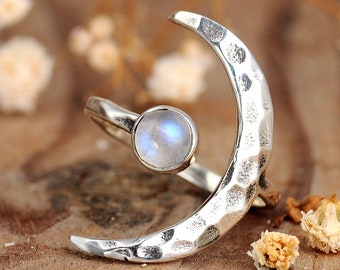Crescent Moon Ring, Rainbow Moonstone Ring, Adjustable Boho Sterling Silver Ring for Women, Stone Gemstone, Statement Celestial Jewelry