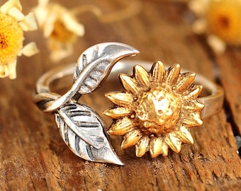 You Are My Sunshine Sunflower Ring, Adjustable Sterling Silver