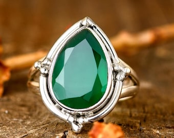 Teardrop Green Onyx Ring | Sterling Silver Gemstone Ring, Boho Green Onyx Jewelry, Unique Statement Ring for Women