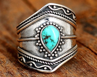 Boho Turquoise Ring, Sterling Silver Ring for Women, Unique Gemstone Statement Ring, Witchy Bohemian Boho Jewelry