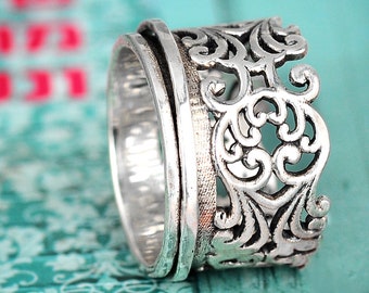 Bague toupie, bague en argent sterling pour femme, bague en filigrane, large bande de méditation, bague anxiété et soucis, bagues en argent uniques