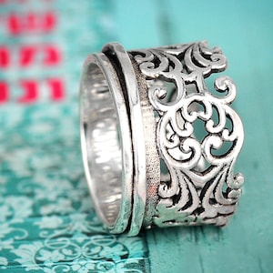 Spinner Ring, Sterling Silver Ring for Women, Filigree Ring, Meditation Wide Band, Anxiety Worry Fidget Ring, Unique Silver Rings