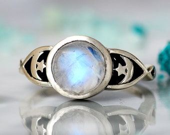 Moonstone Star and Moon Ring, Sterling Silver Rings for Women, Stone Ring, Gemstone Ring, Boho Ring, Celestial Jewelry