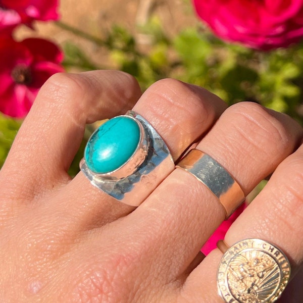 Boho Turquoise Ring, Sterling Silver Ring for Women, Statement Ring, Big Stone Gemstone Ring, Chunky Cocktail Ring, Bohemian Jewelry