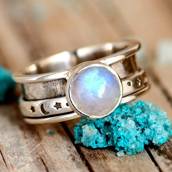 Stars and Moon Ring, Moonstone Ring, Fidget Spinner Ring, Sterling Silver Ring for Women, Meditation Anxiety Ring, Boho Celestial Jewelry