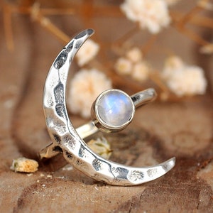 Crescent Moon Ring, Rainbow Moonstone Ring, Adjustable Boho Sterling Silver Ring for Women, Stone Gemstone, Statement Celestial Jewelry image 8