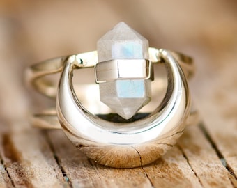 Crescent Moon Ring, Crystal Point Moonstone Ring, Sterling Silver Ring for Women, Chakra Healing Hexagonal Crystal
