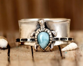 Turtle Larimar Fidget Ring | Sterling Silver Spinner Ring, Nature Jewelry for Women, Unique Ocean Blue Gemstone Ring