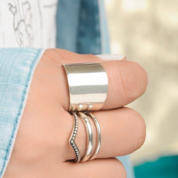 Wide Band Simple 925 Sterling Silver Ring for Women, Tube Ring, Cuff Ring, Chunky Boho Ring, Statement Ring, Cigar Long, bague femme argent