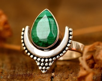 Crescent Moon Ring, Boho Malachite Ring, Sterling Silver Ring for Women, Green Teardrop Ring