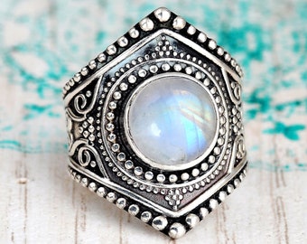 Boho Moonstone Ring, Sterling Silver Ring for Women, Statement Ring with Stone,Birthstone Gemstone Ring, Bohemian Wanderlust Jewelry