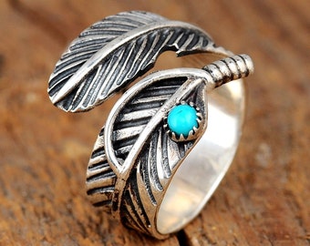 Boho Feather Ring, Sterling Silver Ring for Women, Adjustable Turquoise Ring, Thumb Ring, Leaf Ring, Gemstone Stone Ring, Boho Jewelry