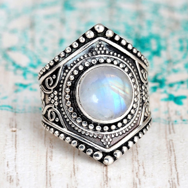 Boho Moonstone Ring, Sterling Silver Ring for Women, Statement Ring with Stone,Birthstone Gemstone Ring, Bohemian Wanderlust Jewelry