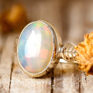 Opalring für Frauen, Sterlingsilberring, Boho-Ring, natürlicher echter blauer Steinring, Blattring