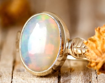 Opal Ring for Women, Sterling Silver Ring, Boho Ring, Natural Genuine Blue Stone Ring, Leaf Ring