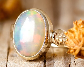 Opal Ring for Women, Sterling Silver Ring, Boho Ring, Natural Genuine Blue Stone Ring, Leaf Ring