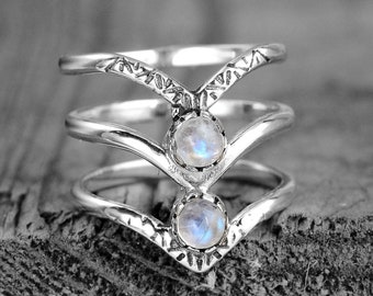 Triple Chevron Moonstone Ring, Sterling Silver Ring for Women, Triangle Engraved Boho Ring, Midi Dual Birthstone Ring, Bohemian Jewelry