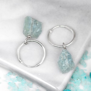 Aquamarine Earrings, Small Hoop Earrings, Raw Stone Earrings, Sterling Silver Blue Gemstone Earrings, Pair of Earrings