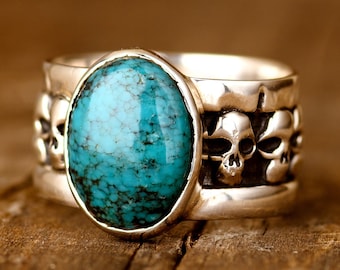 Skulls Turquoise Mens Ring, Sterling Silver Ring for Men, Pinky Ring, Blue Stone Ring, Biker Gothic Ring