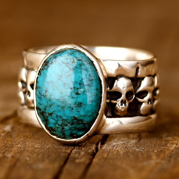 Bague homme tête de mort turquoise, bague en argent sterling pour homme, bague auriculaire, bague pierre bleue, bague motard gothique