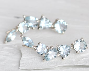 Pendientes de aguamarina Ear Climber Crawler Cuff Plata de ley Piedra preciosa azul, Par de pendientes