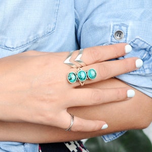 Three Stone Turquoise Ring, Sterling Silver Ring for Women, Long Large Stone Ring, Statement Gemstone Ring, Western Boho Jewelry