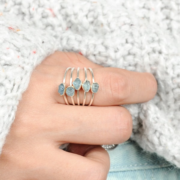 5 Aquamarine Rings, Stacking Rings Set, Sterling Silver Ring for Women, Stackable Simple Stone Ring, Gemstone Boho Jewelry