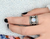 Crescent Moon Ring, Moonstone Ring, Chunky Boho Sterling Silver Ring for Women, Celestial Jewelry, Statement Stone Gemstone
