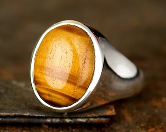 Tiger's Eye Signet Ring for Men, Pinky Ring,  Sterling Silver Mens Ring, Brown Stone Ring, Classic Men Gemstone Ring