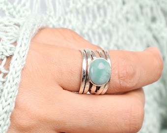 Aquamarine Ring, Wrap Sterling Silver Ring for Women, Boho Bohemian Jewelry, Chunky Ring with Stone Blue Gemstone