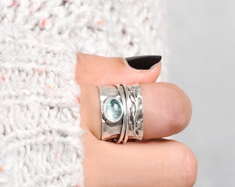 Aquamarine Ring, Leaf Spinner Ring, Sterling Silver Ring for Women, Meditation Fidget Wide Band Nature Ring, Raw Stone Boho Worry Ring