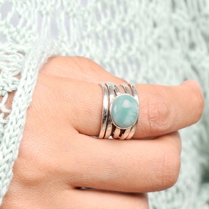 Aquamarine Ring, Wrap Sterling Silver Ring for Women, Boho Bohemian Jewelry, Chunky Ring with Stone Blue Gemstone