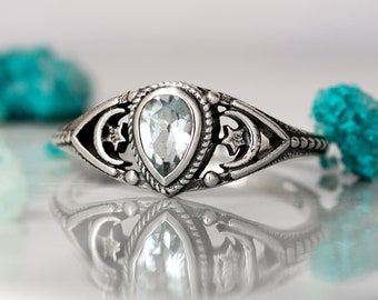 Aquamarine Star and Moon Ring, Sterling Silver Rings for Women, Dainty Ring, Gemstone Ring, Boho Ring, Celestial Jewelry