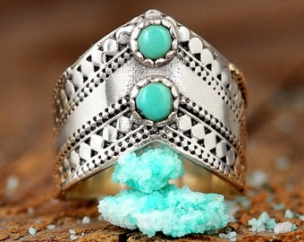 Two Stone Turquoise Ring, Thumb Ring, Chevron Ring, Boho Sterling Silver  Ring for Women, Natural Blue Gemstone, Bohemian Jewelry