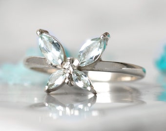 Butterfly Aquamarine Ring for Women, Sterling Silver Ring, Dainty Ring, Blue Stone Ring, Animal Nature Ring