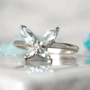 Butterfly Aquamarine Ring for Women, Sterling Silver Ring, Dainty Ring, Blue Stone Ring, Animal Nature Ring