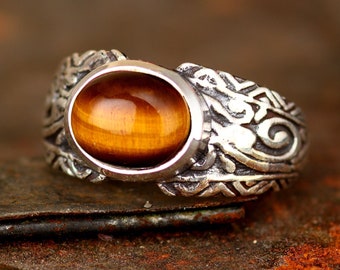 Tiger's Eye Signet Ring for Men, Pinky Ring, Sterling Silver Mens Ring, Brown Stone Ring, Men Gemstone Ring