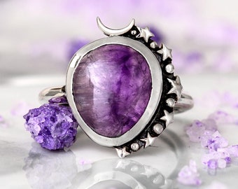 Amethyst Celestial Ring | Sterling Silver Moon and Star Gemstone Ring, Boho Amethyst Jewelry, Spiritual Birthstone Ring for Women